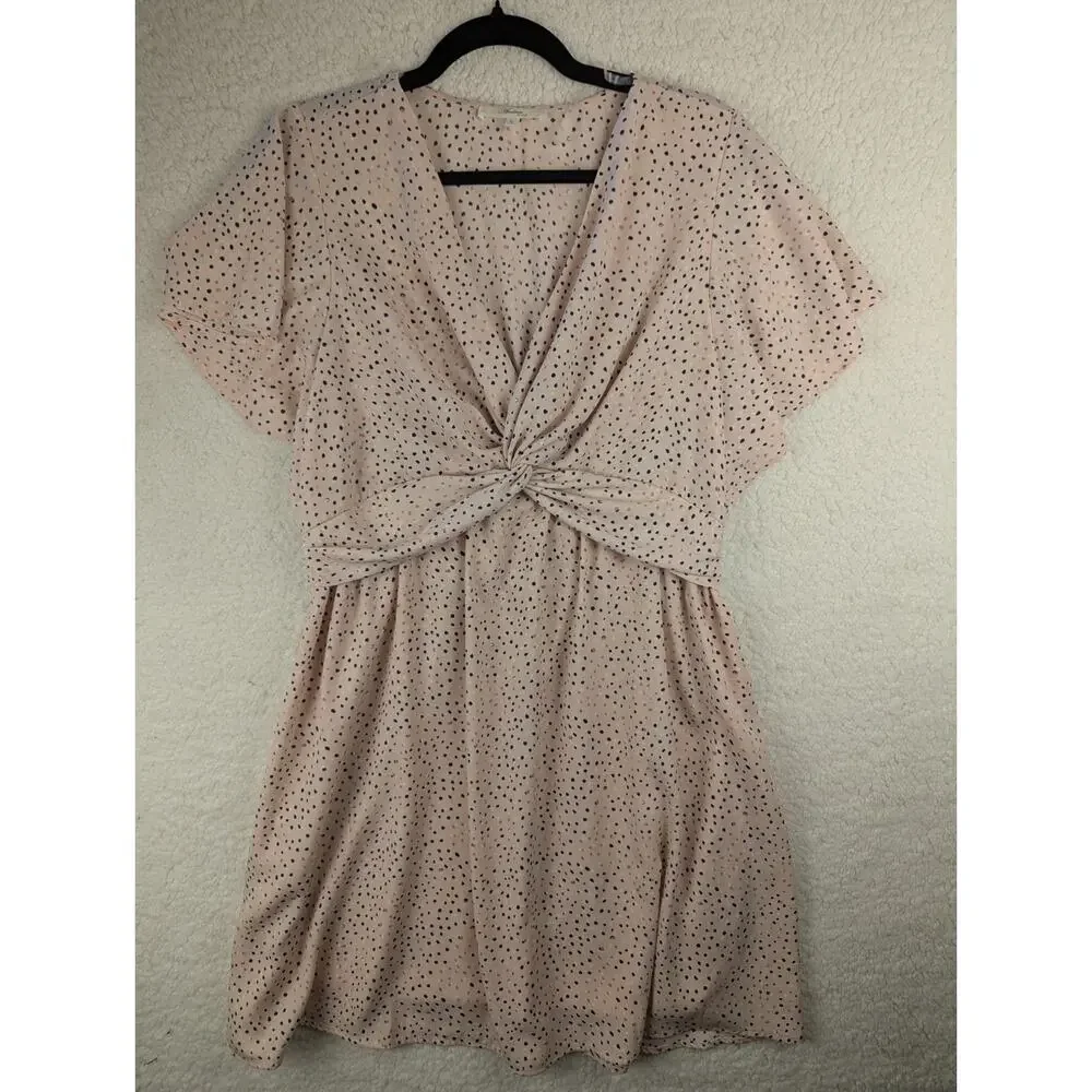 Andree by UNIT Pink Polka‎ Dot Twist Front Flutter Sleeve Mini Dress Large